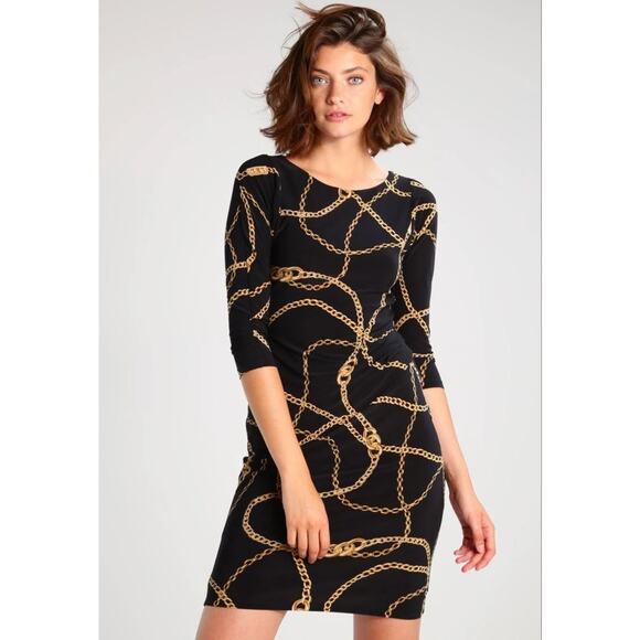 LRL Ralph Lauren Black Gold Chain Link Equestrian Sheath Dress Stretch Size 6 - Picture 1 of 13